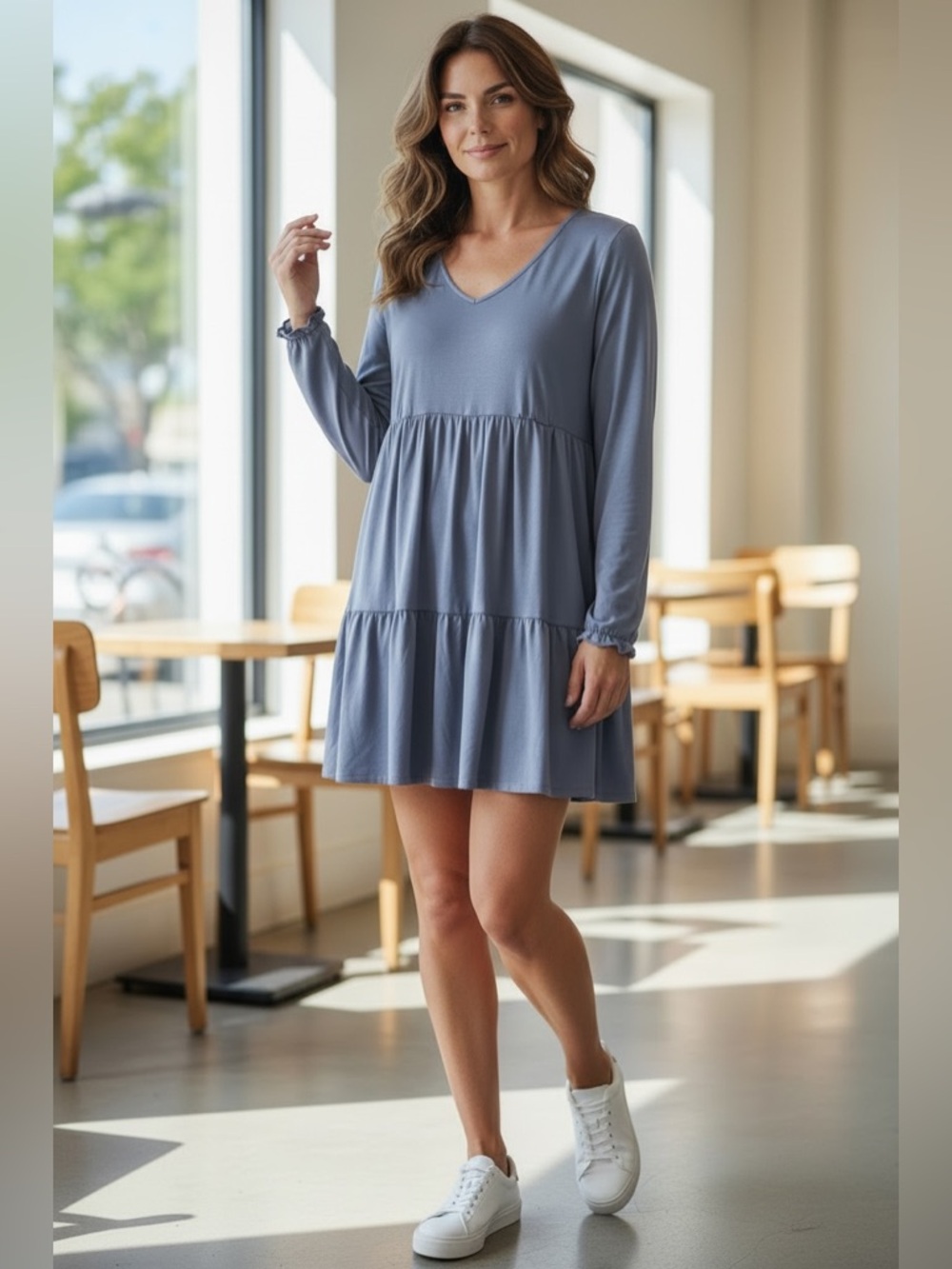 True Craft Slate Blue V-Neck Tiered Long-Sleeve Dress